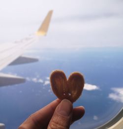 Close-up of hand holding biscuit by airplane window