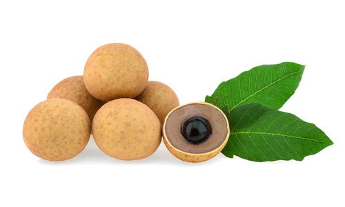 Close-up of fruits and leaves against white background