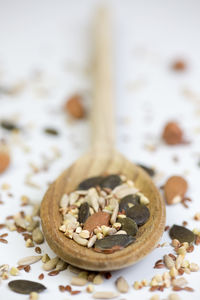 Close-up of dried food in in wooden spoon over white background