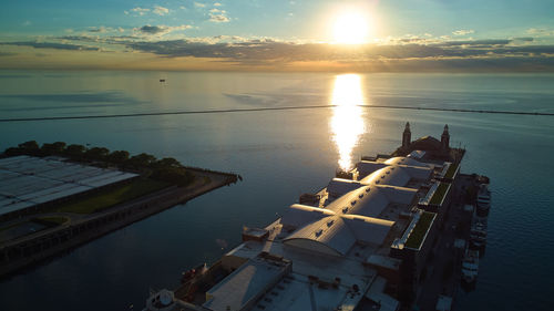 High angle view of sea against sky during sunset