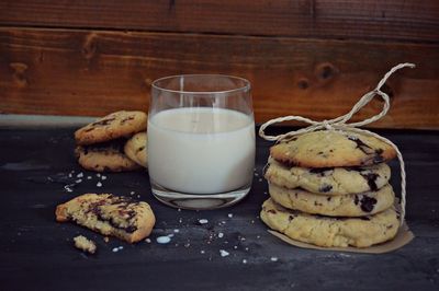 Close-up of milk and cookies on table