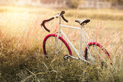 Close-up of bicycle on field