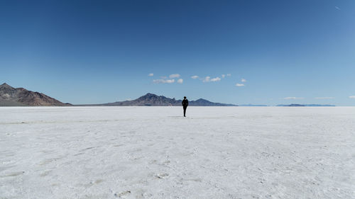 Rear view of person standing on salt flat against sky