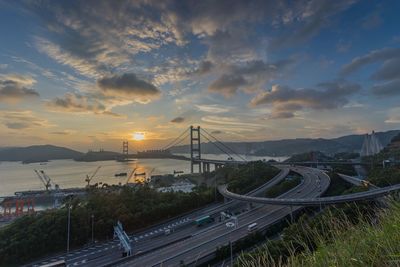 High angle view of highway against sky during sunset, tsing ma bridge 