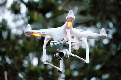 Close-up of airplane flying against trees