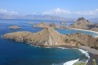 Panoramic view of sea and mountains against sky