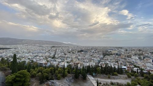 High angle view of buildings against sky