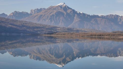 Scenic view of lake and mountains against sky