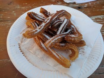 High angle view of cake in plate on table
