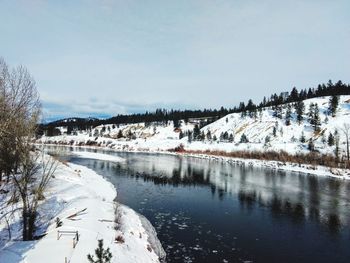 Scenic view of lake by snowcapped mountains against sky