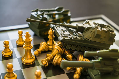 Close-up of chess pieces on table