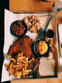 High angle view of food served on table