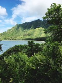 Scenic view of lake against cloudy sky