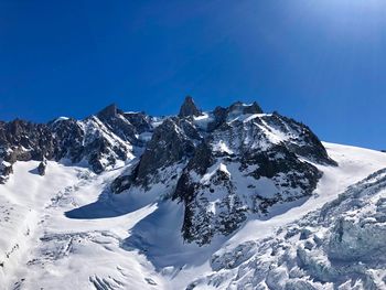 Scenic view of snowcapped mountains against clear blue sky