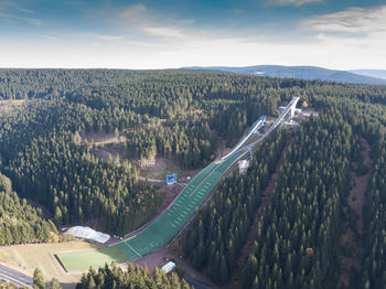 High angle view of land against sky