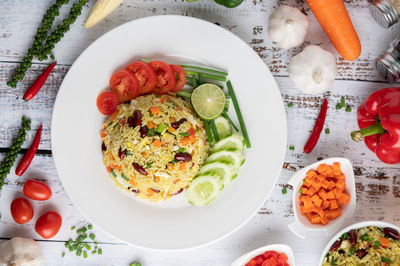 High angle view of breakfast served on table