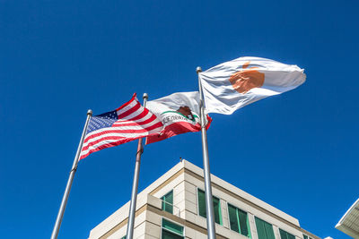 Low angle view of flags flag against clear blue sky