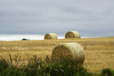 Hay bales on field against sky