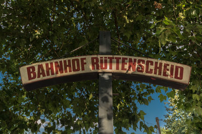 Low angle view of sign against branches