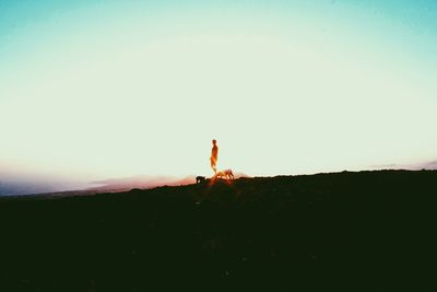 Silhouette of man with dogs against clear sky