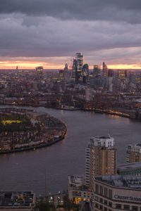 High angle view of city at sunset