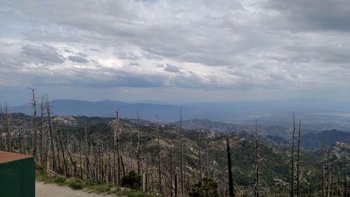 Scenic view of mountains against cloudy sky