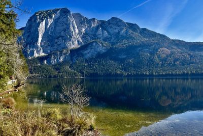 Scenic view of lake and mountains against sky