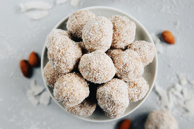 High angle view of cookies in bowl on table