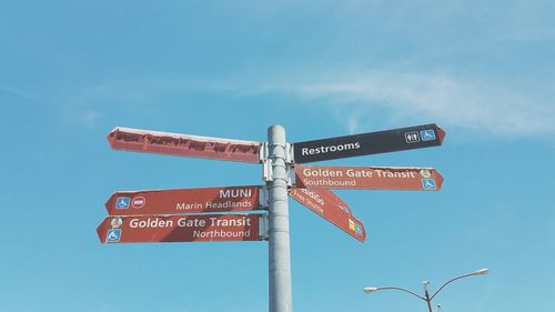 Low angle view of road sign against sky