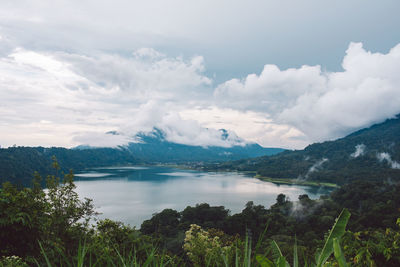 Scenic view of lake and mountains against sky