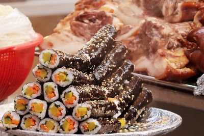 High angle view of sushi in plate on table