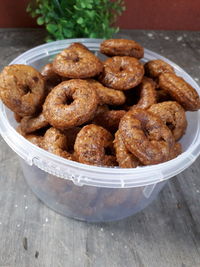 High angle view of food in container on table