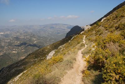 Looking back along the mountain track to the bernia forts, sierra bernia, alicante province, spain