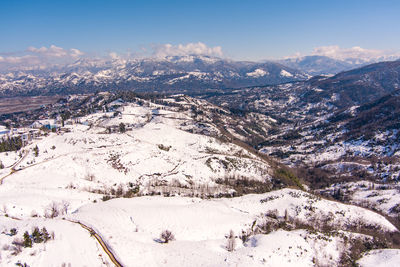 Aerial view of snow covered landscape against sky