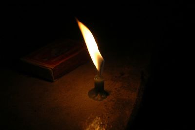 Close-up of lit candle in dark room