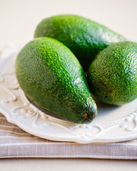 High angle view of fruits in plate on table