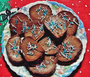 High angle view of cookies on table