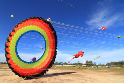 Kites flying in blue sky