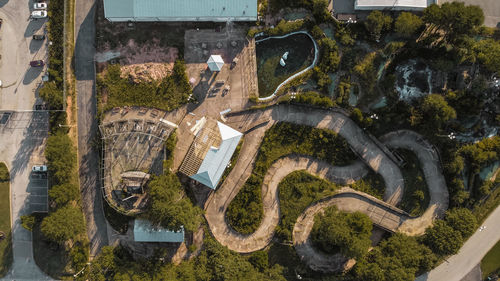 High angle view of plants by road in city