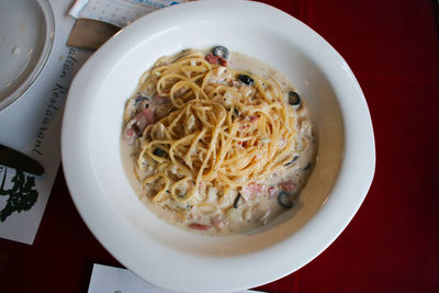 High angle view of noodles in bowl on table