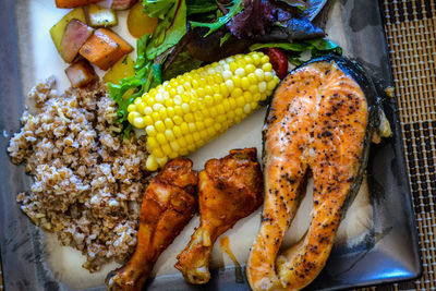 High angle view of food on barbecue grill