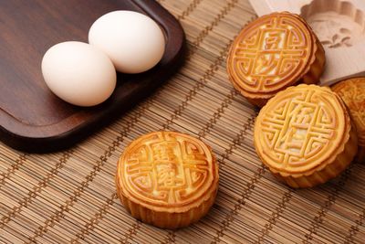 High angle view of eggs on table