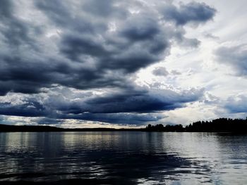 Scenic view of lake against cloudy sky