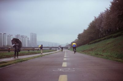 Rear view of man riding bicycle on road against sky