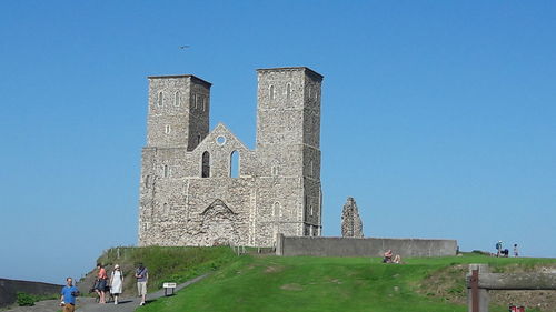 Low angle view of cathedral against clear blue sky