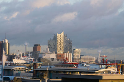 City at waterfront against cloudy sky