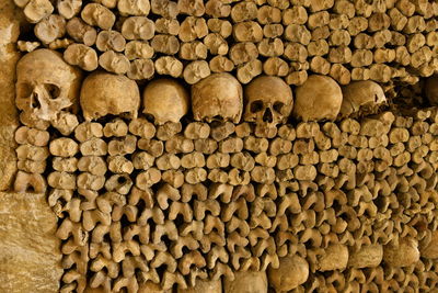 Full frame shot of human bones in catacombs