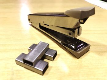 High angle view of camera on table