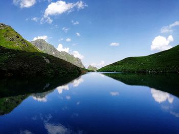 Scenic view of lake and mountains against sky