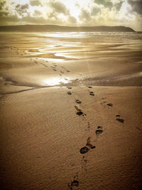 Scenic view of beach against sky during sunset